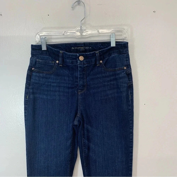 Chicos 0 Jeans Woman 4 Crop Mid Rise Blue Dark Wash Stretch Straight Classic - Picture 2 of 11